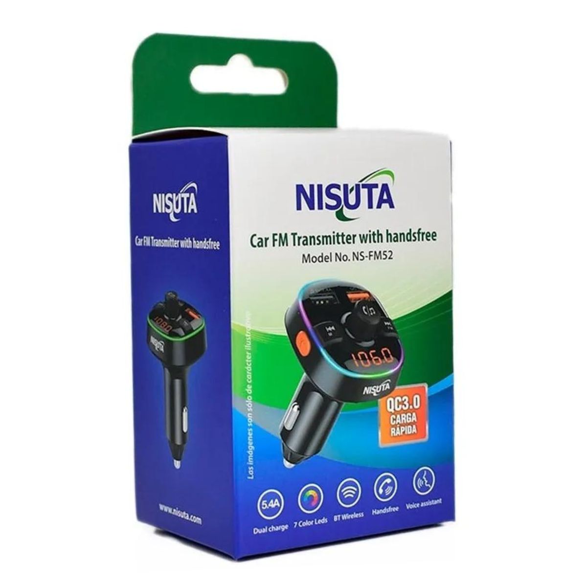 Transmisor FM bluetooth 2 USB - carga rapida Luces Nisuta