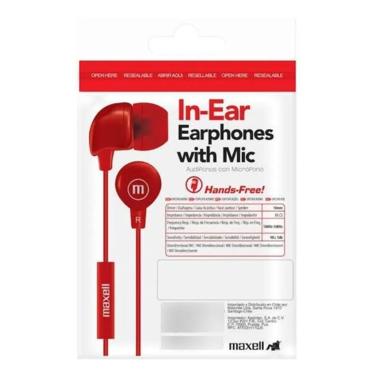 Auriculares In Ear Rojo C/ Microfono (en bolsa) Maxell
