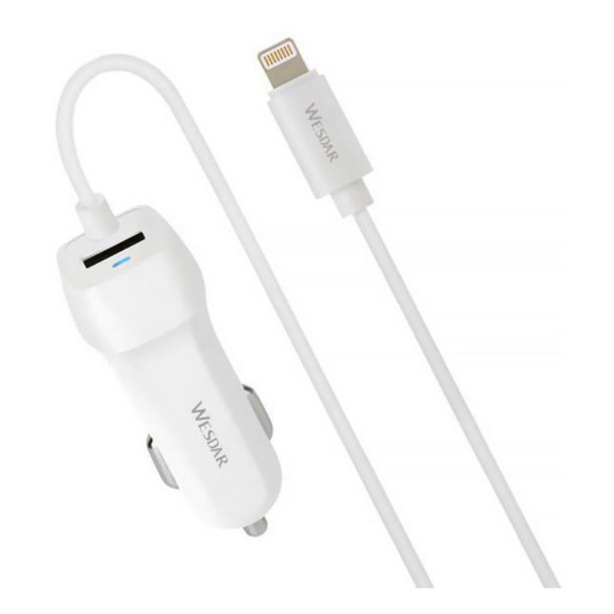 Cargador 12V Para Auto 1 Puerto 2.1A + Cable Lightning Blanco Wesdar