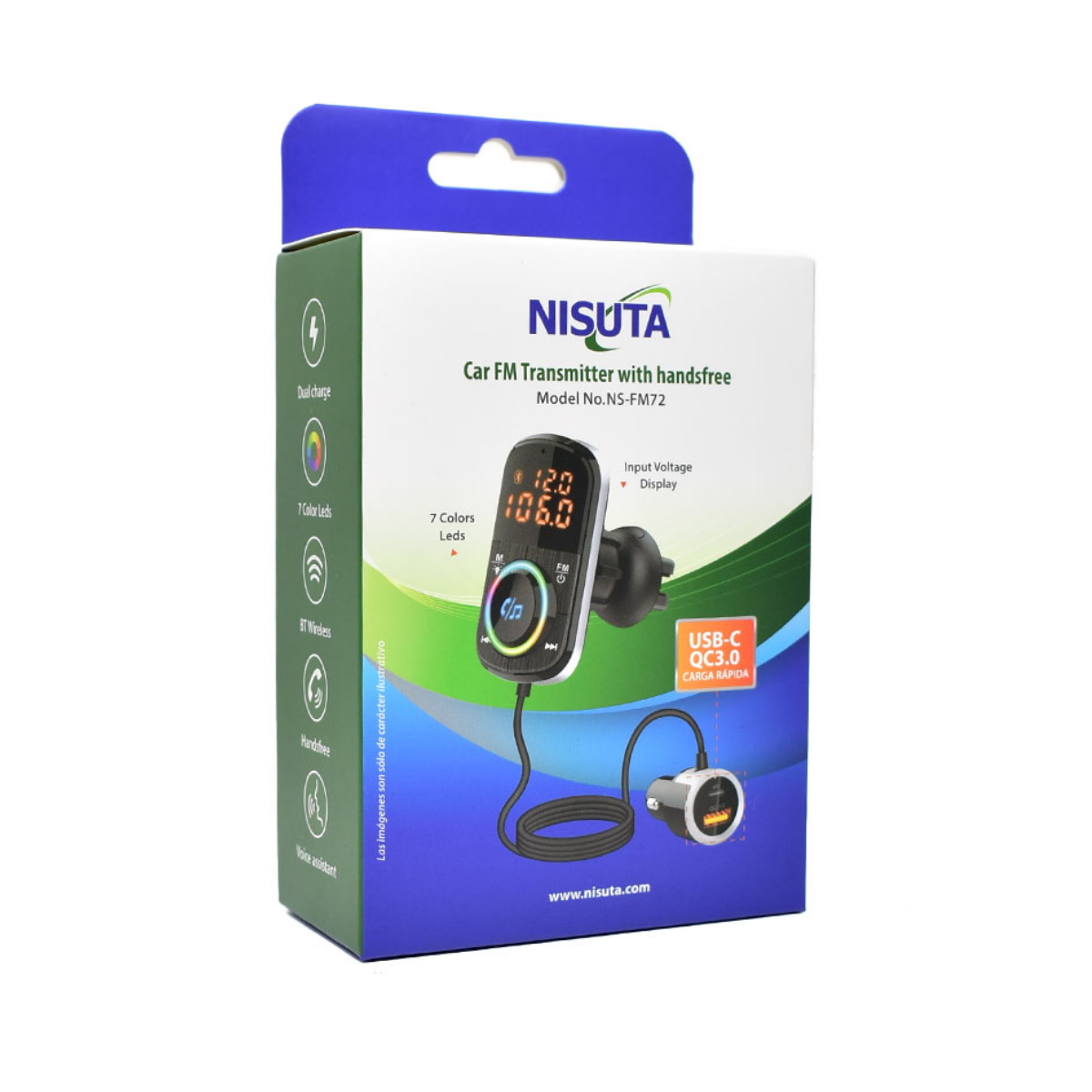Transmisor FM bluetooth 2 USB - carga rapida y Tipo C - Luces Nisuta