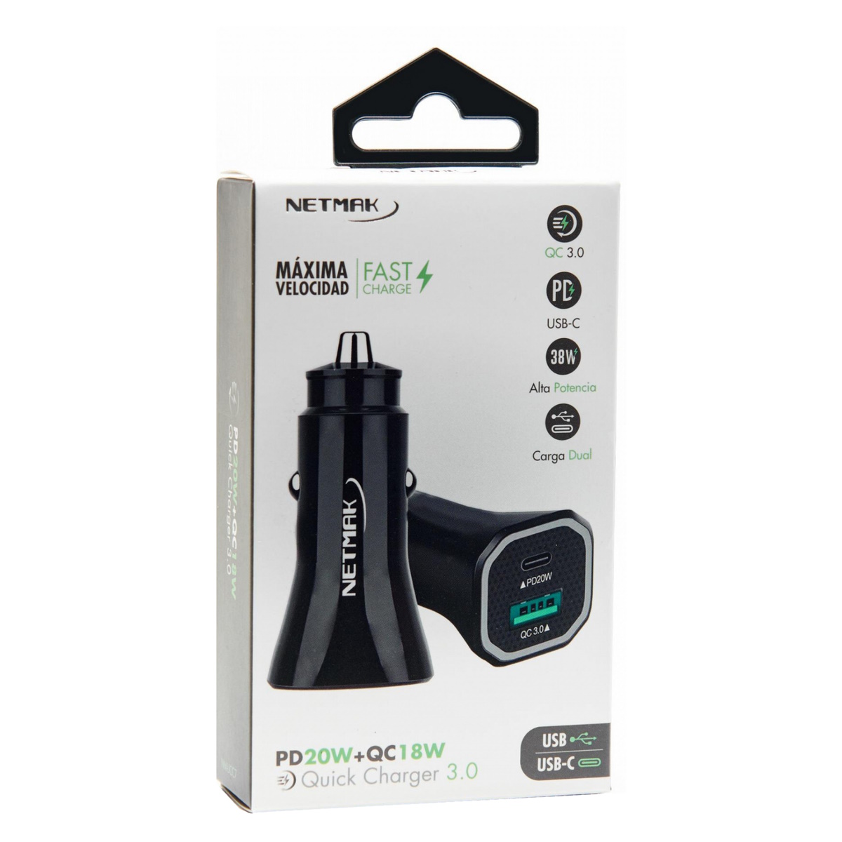 Cargador 12V Para Auto Netmak Carga Rapida USB A + Tipo-C NM-UCC7 Netmak
