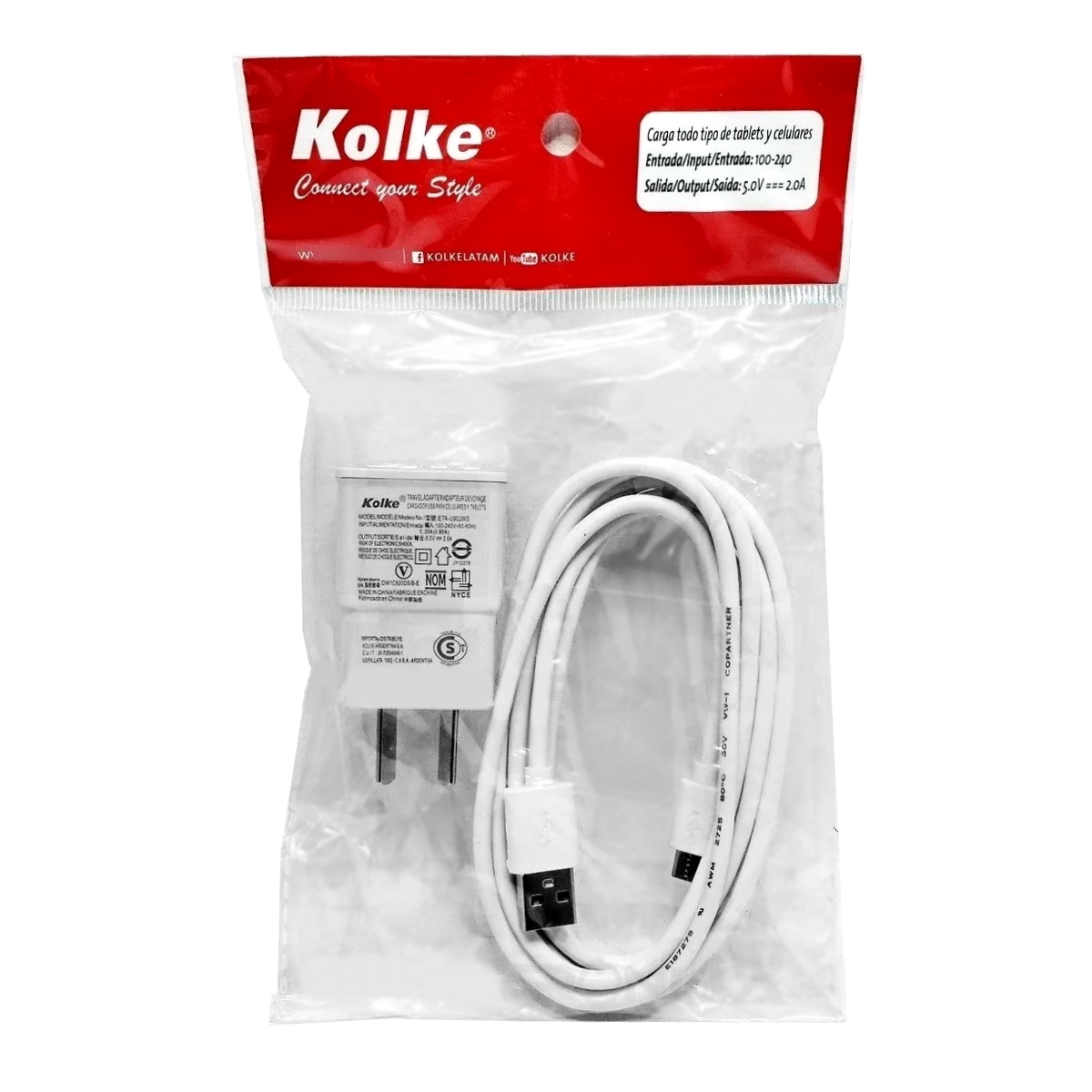 Cargador 5V Carga Rapida + Cable MicroUSB Blanco Kolke