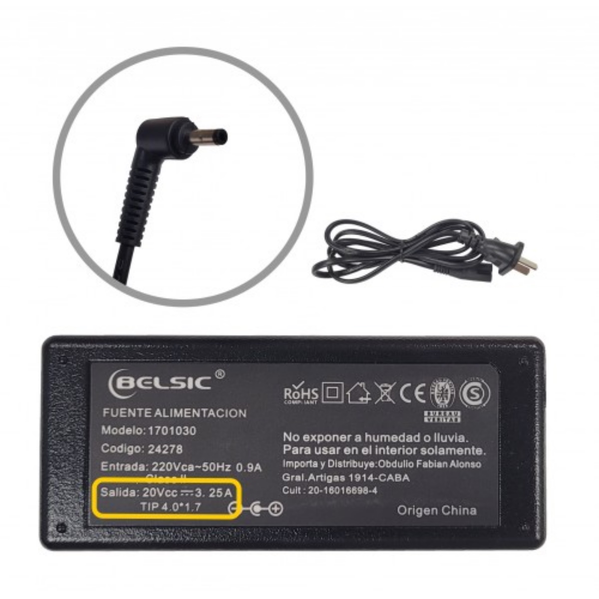 Cargador Notebook 20V 4.0x1.7 3.25A 65W Belsic