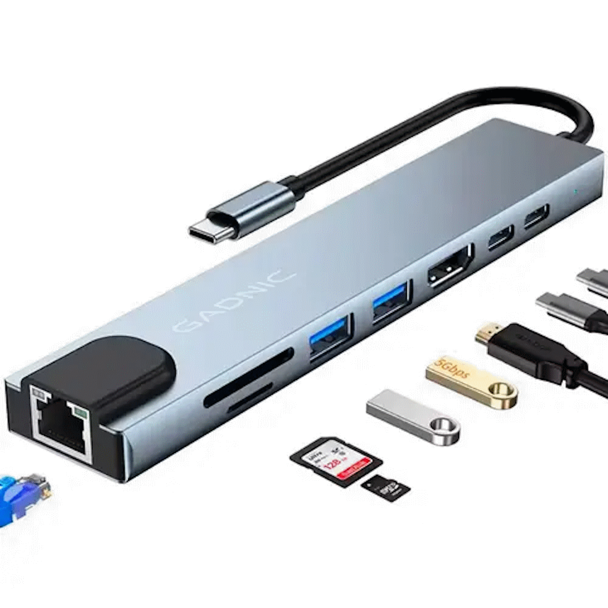 Hub USB C a USB 3.0 USB C RJ45 HDMI SD MicroSD Gadnic