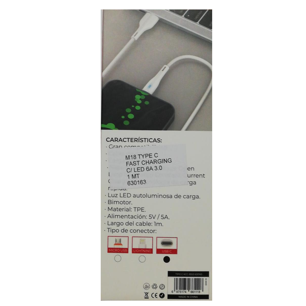 Cable USB C a USB 3.0 Carga Rapida 6A Led M18 1m Blanco Kolke