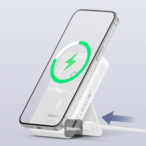 PowerBank 5000mAh Carga Inalambrica/Cable P/Iphone MagPro Blanco Baseus