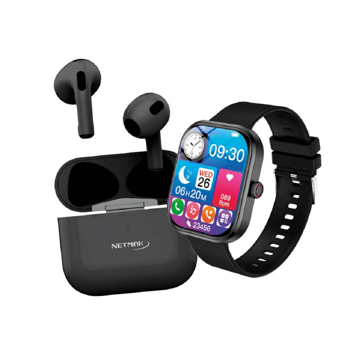 SmartWatch Bluetooth Negro + Auriculares Bluetooth In Ear Tws NM-VITALITY Netmak