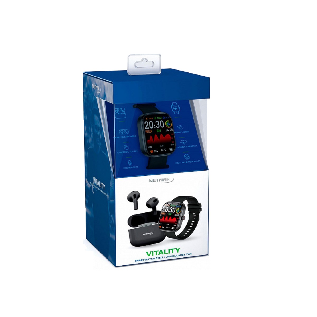 SmartWatch Bluetooth Negro + Auriculares Bluetooth In Ear Tws NM-VITALITY Netmak