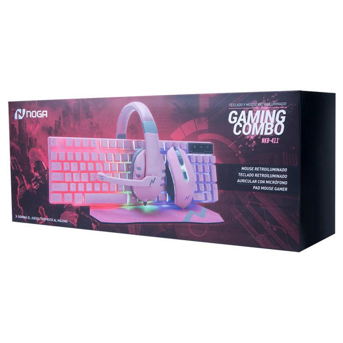 Kit Teclado Mouse MousePad Auriculares Gamer NKB-411 Rosa Noga