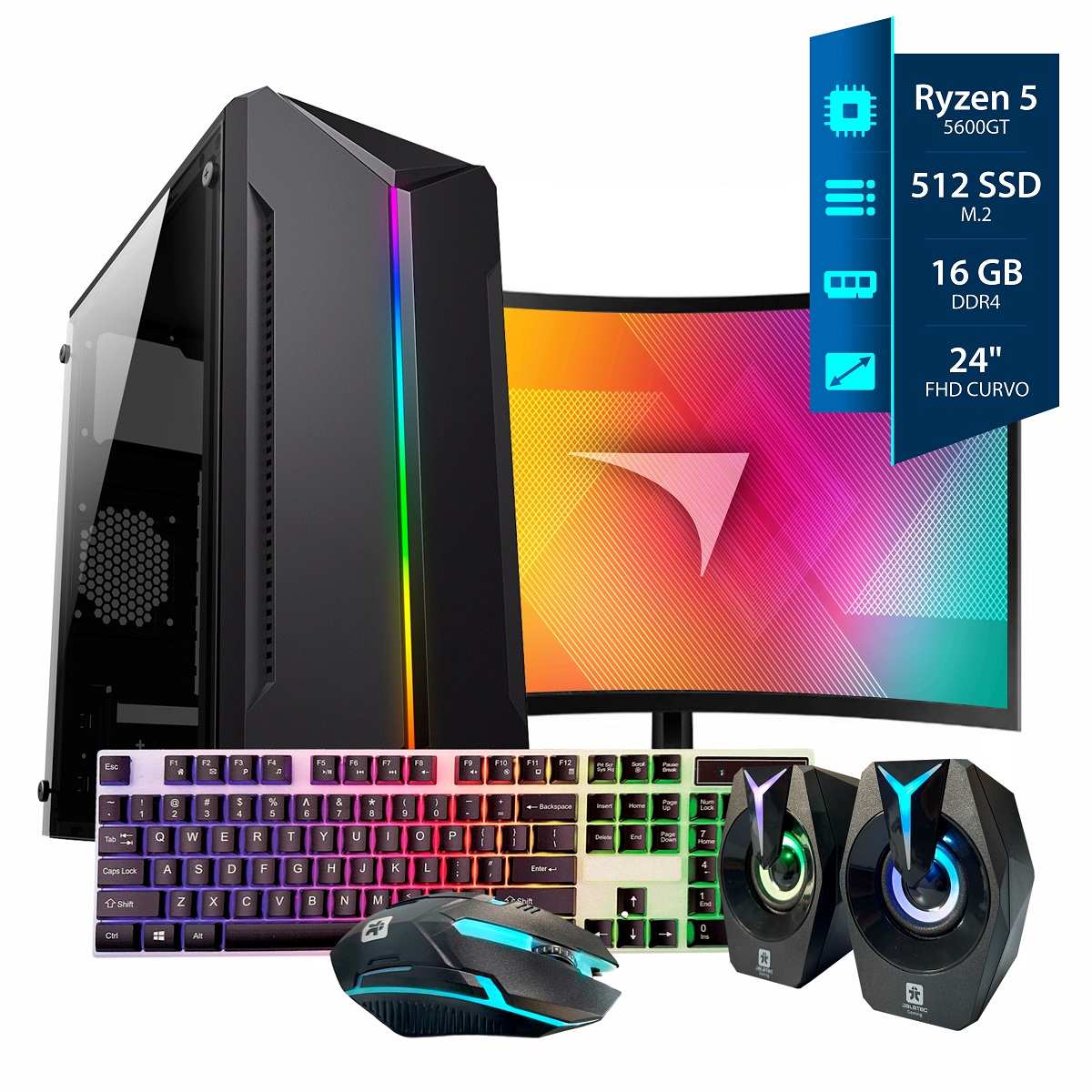 Computadora Gamer Ryzen 5 - 16GB - 512SSD - Gab.K80 - Monitor 24 75Hz Curvo Solarmax