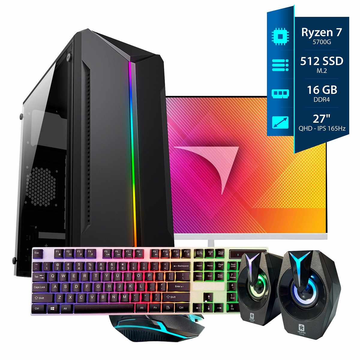 Computadora Gamer Ryzen 7 - 16GB - SSD 512GB - Gab.K80 - Monitor 27 165Hz Blanco Solarmax