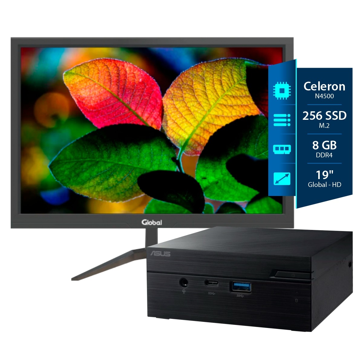 Mini Computadora Asus Celeron-8GB-SSD 256GB - Monitor 19
