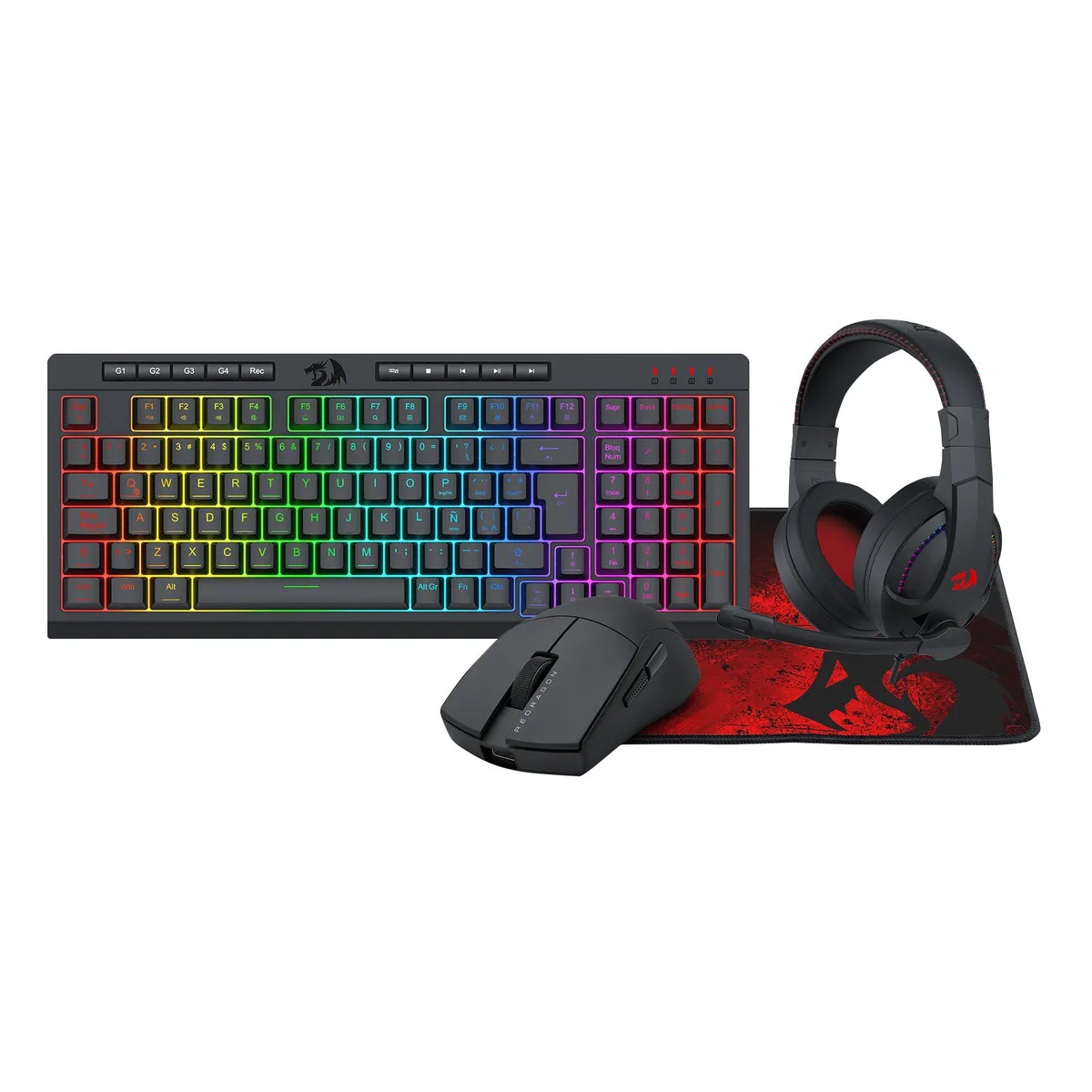 Kit Teclado RGB Mouse MousePad Auriculares Gamer 4en1 Bundle Redragon