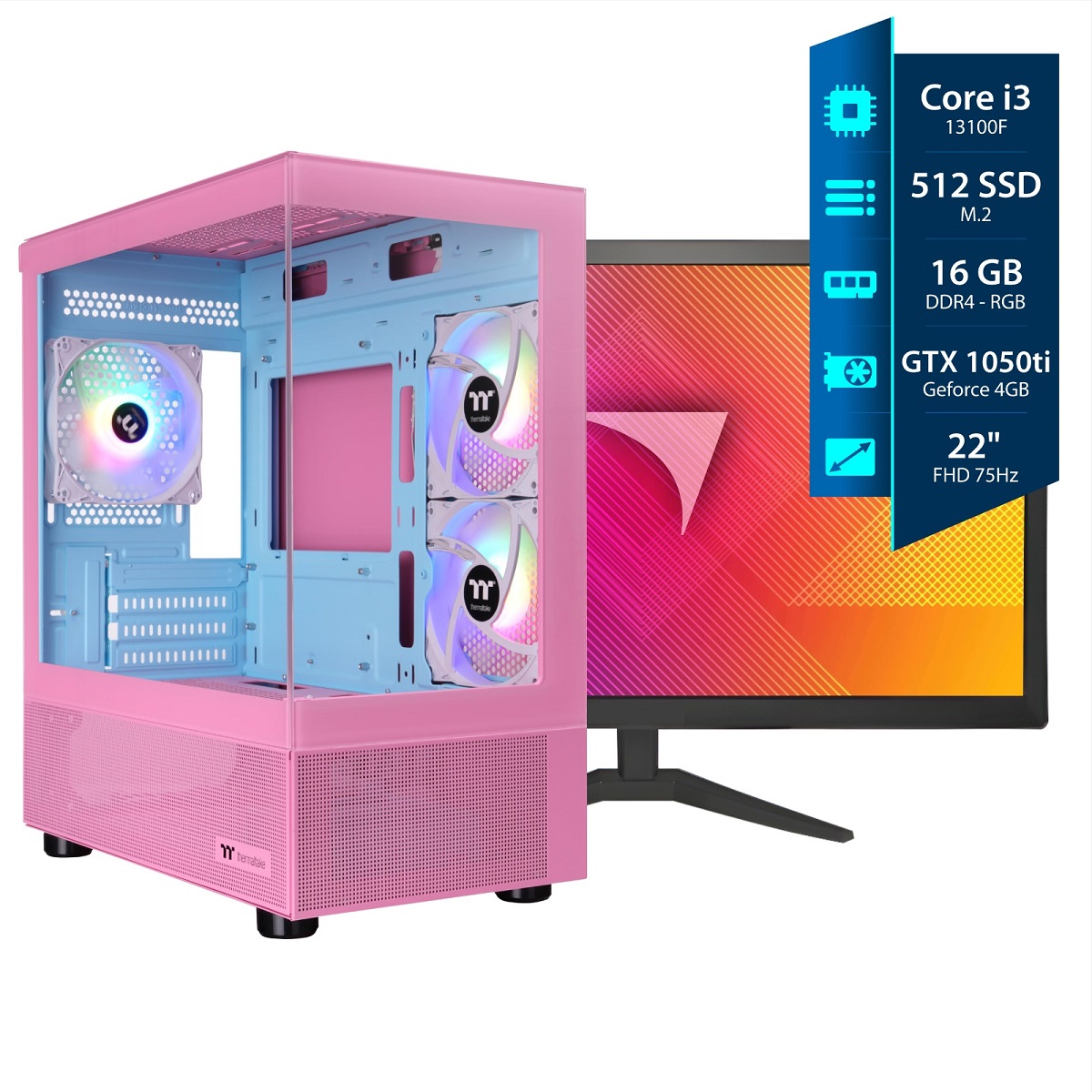 Computadora Gamer I3 - 16GB RGB - 512 M.2 - GTX 1050 TI - Gab. View 170 - Mon. Samsung 22