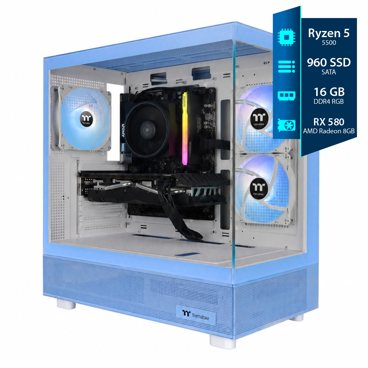 Pc Gamer Armada Ryzen 5 - 16GB RGB - SSD 960GB - RX 580 8GB - 550W - Gab View270 Blue