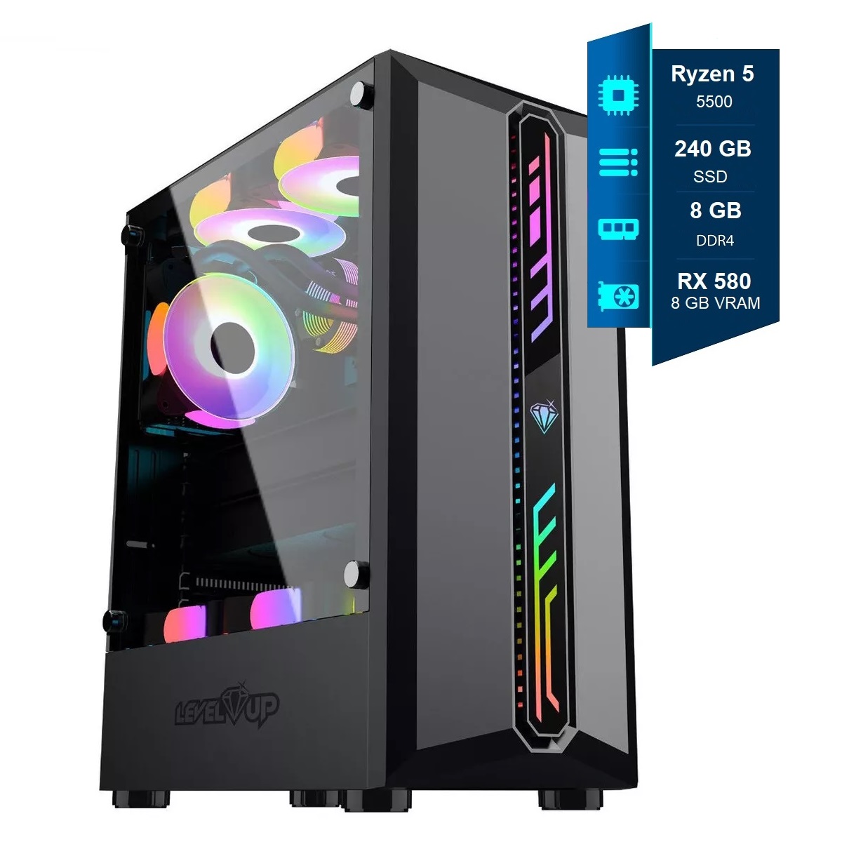 Pc Armada Ryzen 5 - 8GB - SSD 240GB - RX 580 8GB - Gabinete Cassiopeia Vidrio Templado RGB Level Up