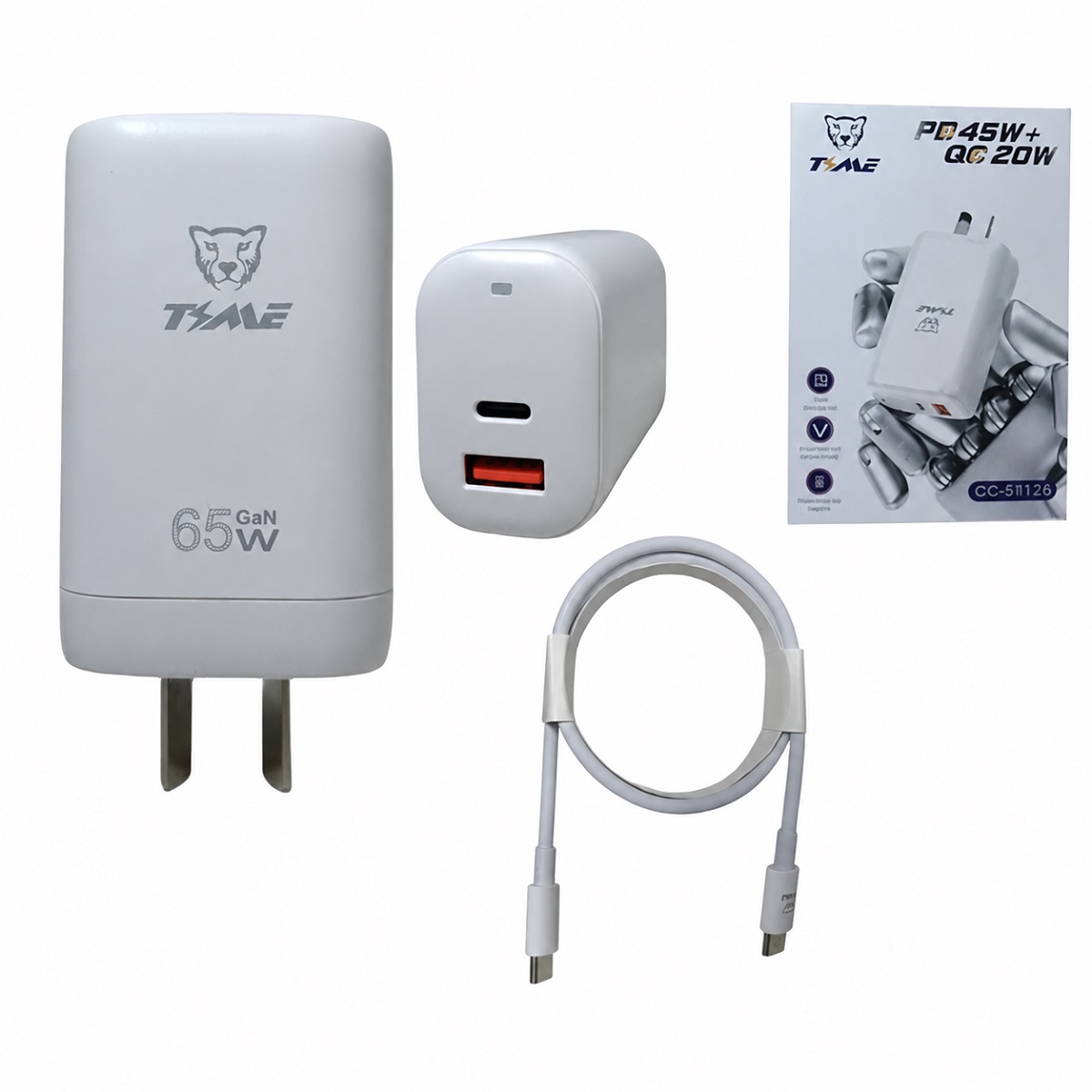 Cargador USB 20W + USB C 45W Carga Rapida + Cable USB C Blanco CC-59126 Time