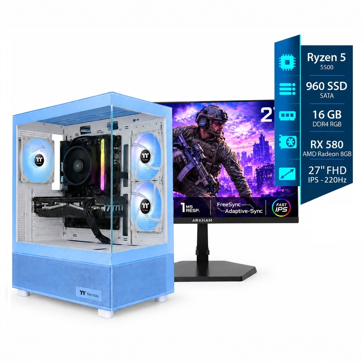 Computadora Gamer Ryzen 5 - 16GB RGB - SSD 960GB - RX 580 8GB - Monitor 27