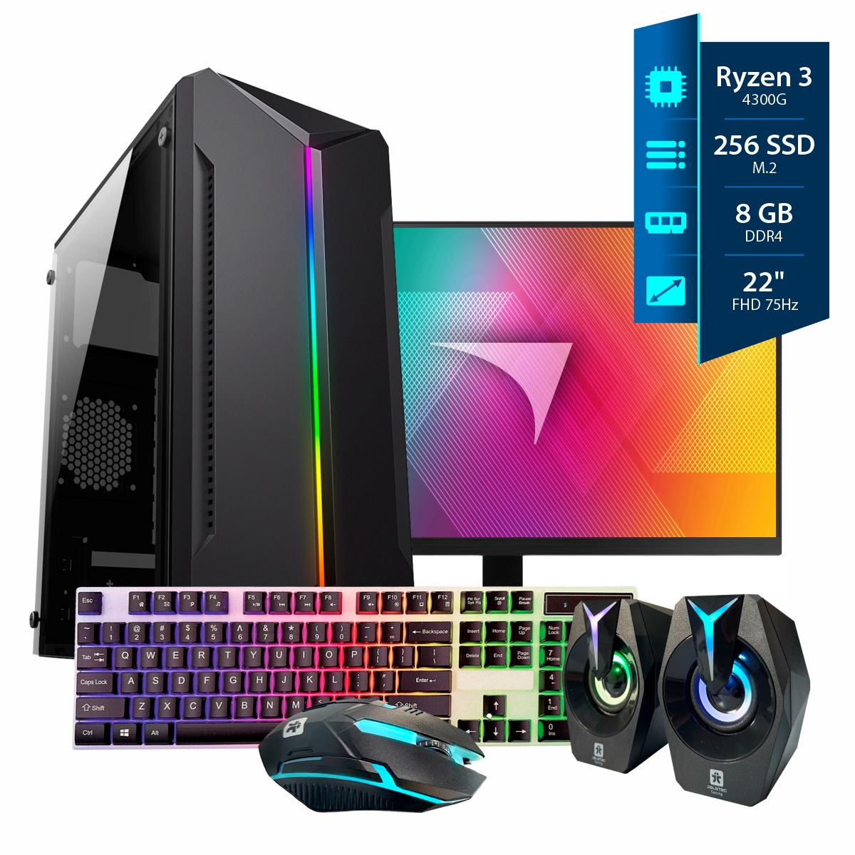 Computadora Gamer Ryzen 3 - 8GB - SSD 256GB - Gabinete RGB - Monitor 22