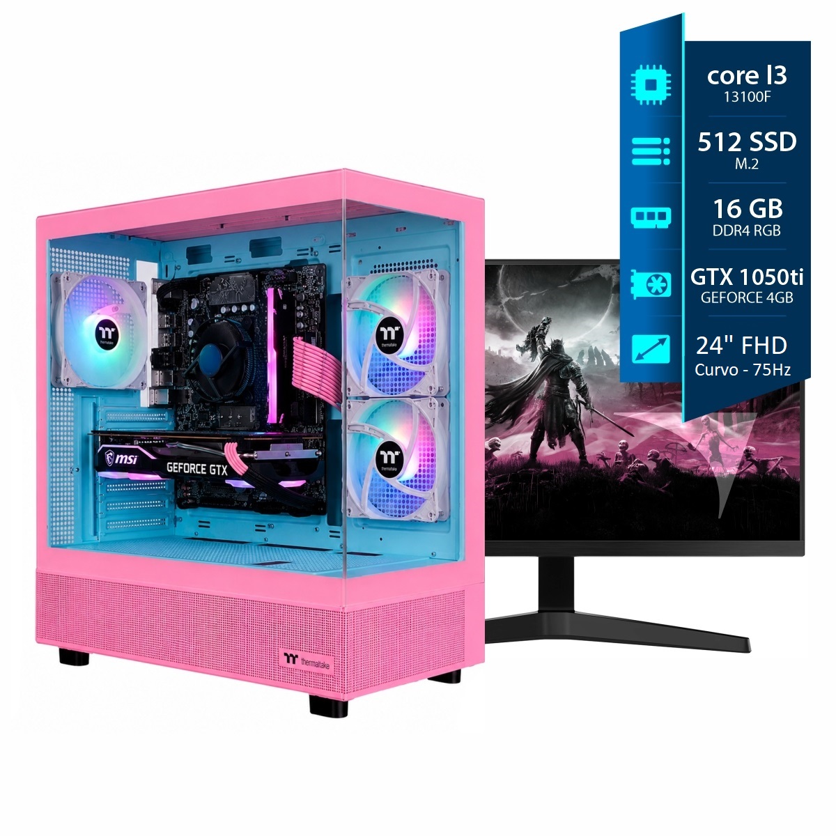 Computadora Gamer - I3 - 16GB RGB - SSD 512 - GTX 1050ti 4GB - Gab Bubble Pink - Moni 22 Curvo FHD
