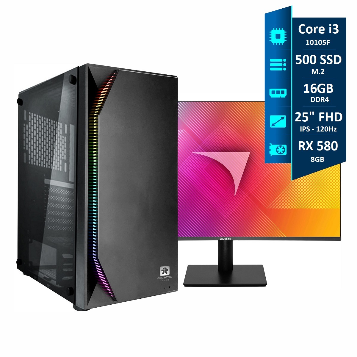 Computadora Gamer I3 - 16GB - SSD 500GB - RX 580 - Monitor 25" FHD IPS