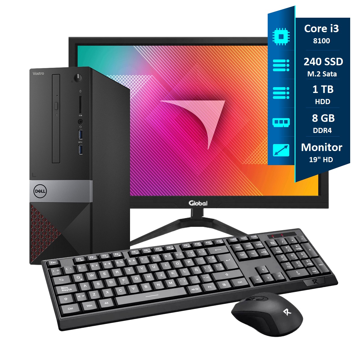 PC I3 8100 - 8GB -240GB SDD - 1TB Gab Mini ATX Dell + Monitor Global 19 + Redragon Bk 8343