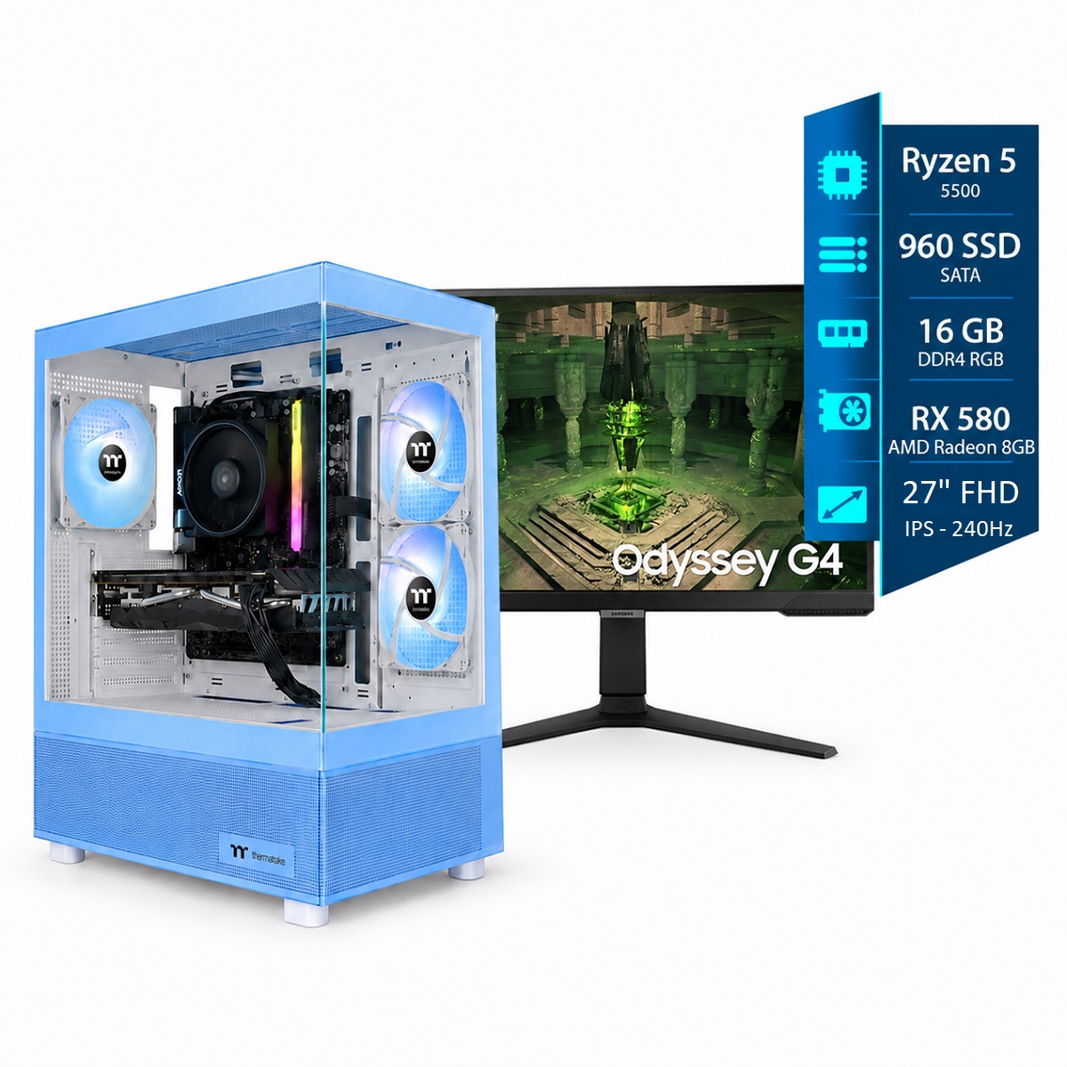 Computadora Gamer Ryzen 5 - 16GB RGB - SSD 960GB - RX 580 8GB - Monitor 27
