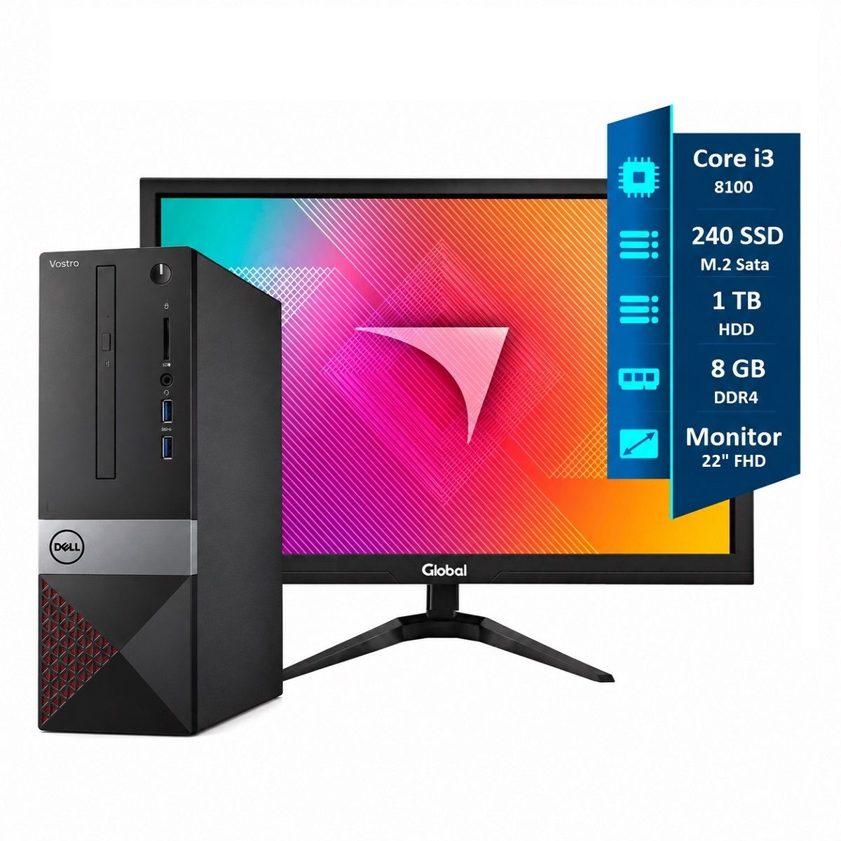 PC I3 8100 - 8GB - 240GB SDD - 1TB Gab Mini ATX Dell + Monitor Global 22