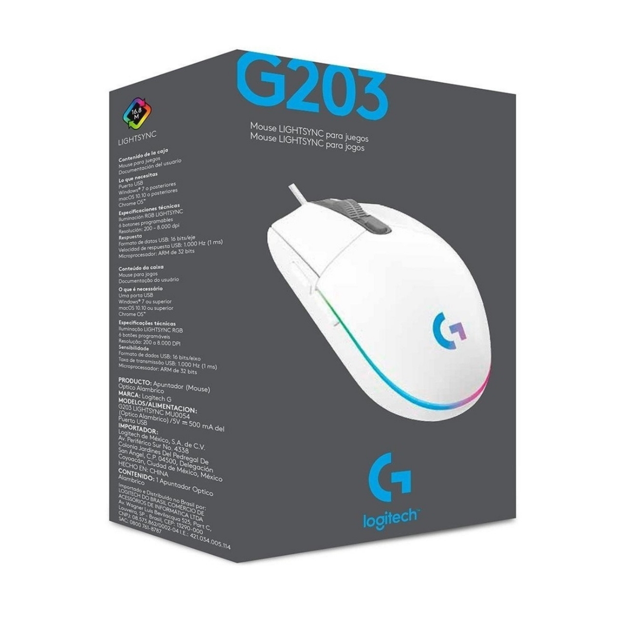 Mouse Gamer G203 Lightsync White 200 - 8000 DPI Logitech